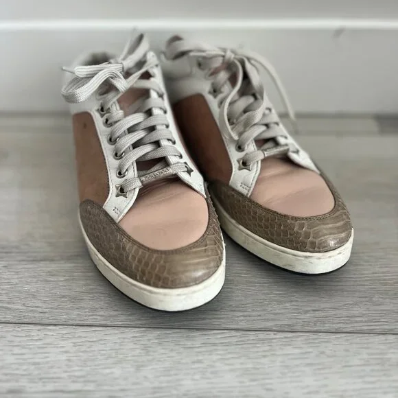 Jimmy Choo Tricolor Suede Leather Python Trim Miami Low Top Sneakers Size 36 5.5